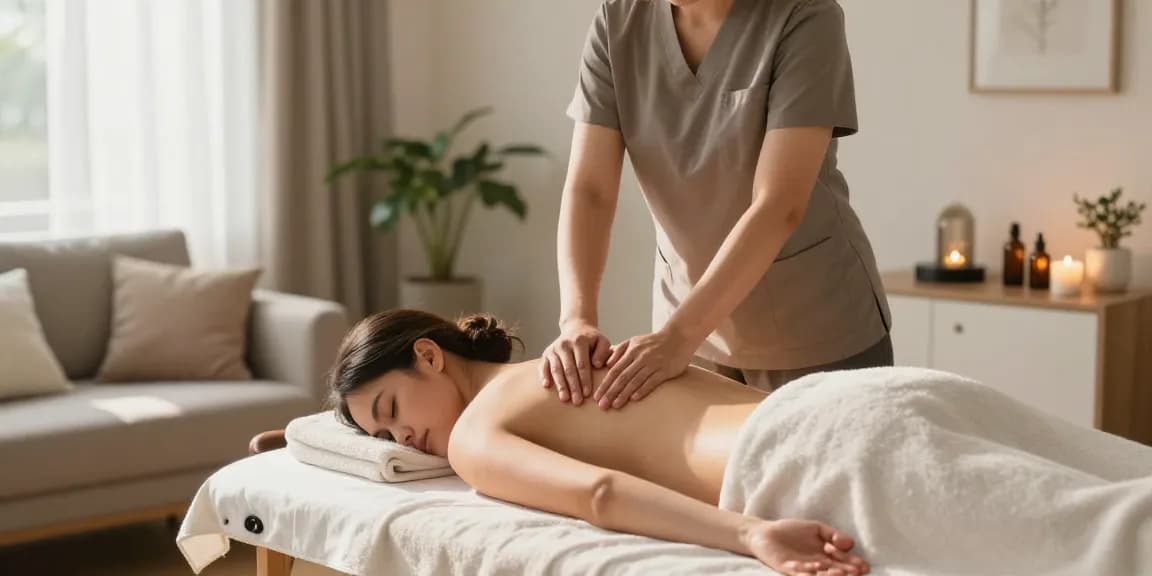 분당출장안마 professional home massage scene with soothing ambiance and natural elements.