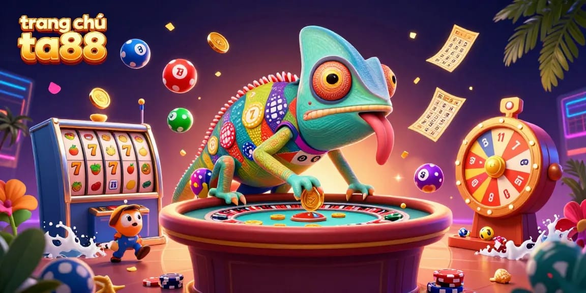 Experience the vibrant action of trang chủ ta88 with colorful lottery balls, bingo cards, and lively chameleon character.