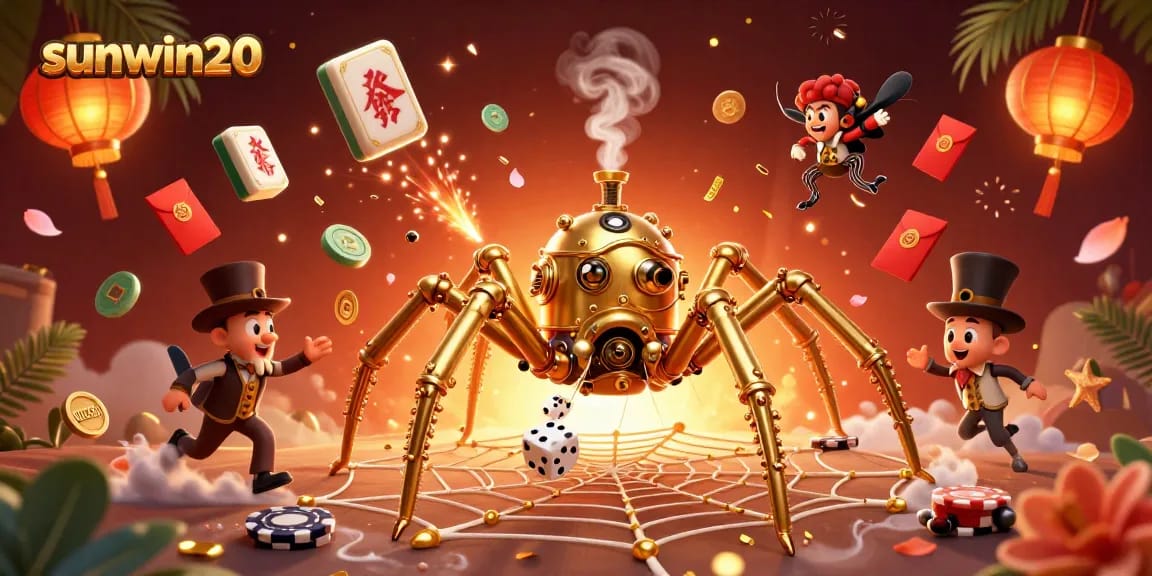 Experience the thrill of sunwin20 with an animated steampunk spider among vibrant casino elements.