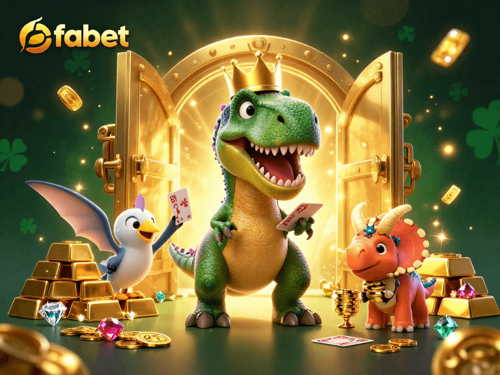 Join the fun at fabet casino, where a dino deals cards and chips stack up!