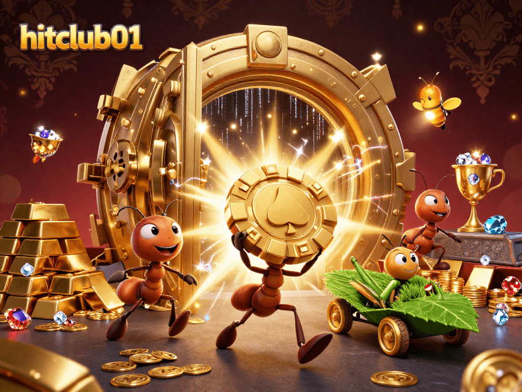 hitclub01 ants carrying a giant poker chip in a heist with gold treasures and lights.