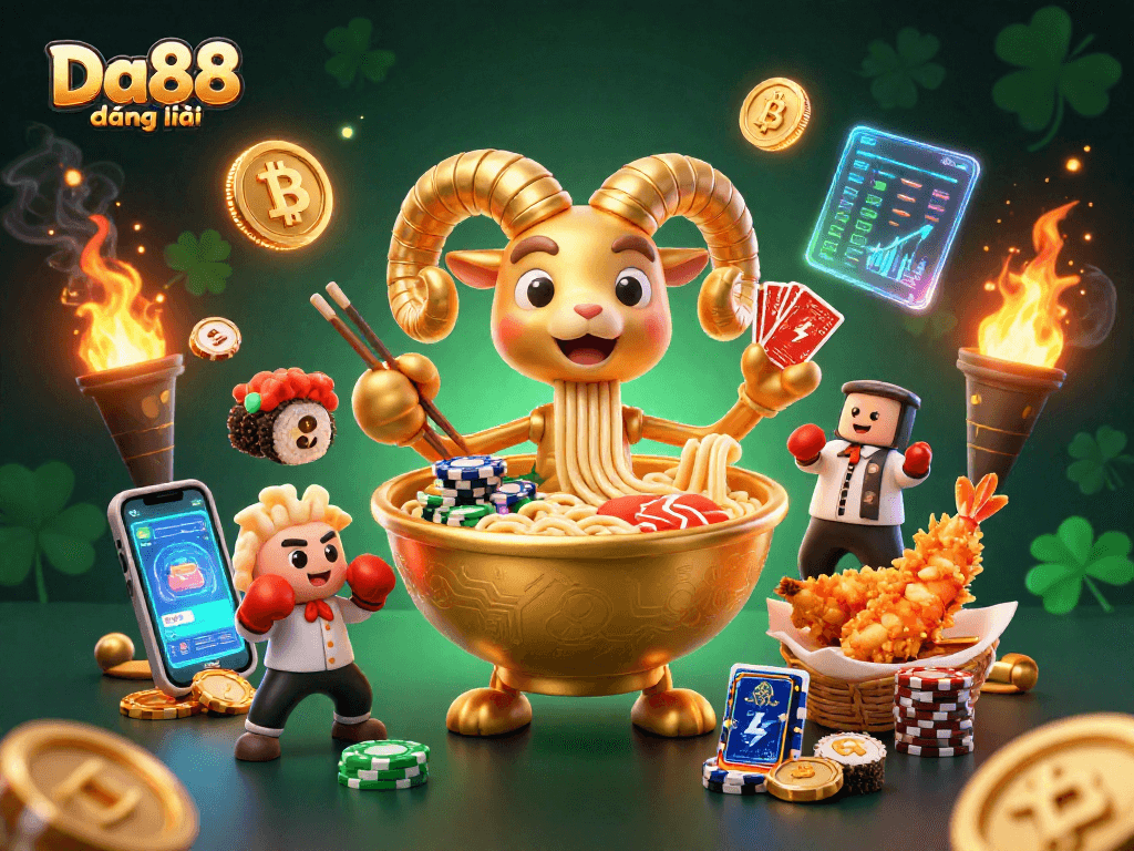 Engage in thrilling gaming with Da88 đăng nhập as a cartoon ramen character stacks chips and deals cards.