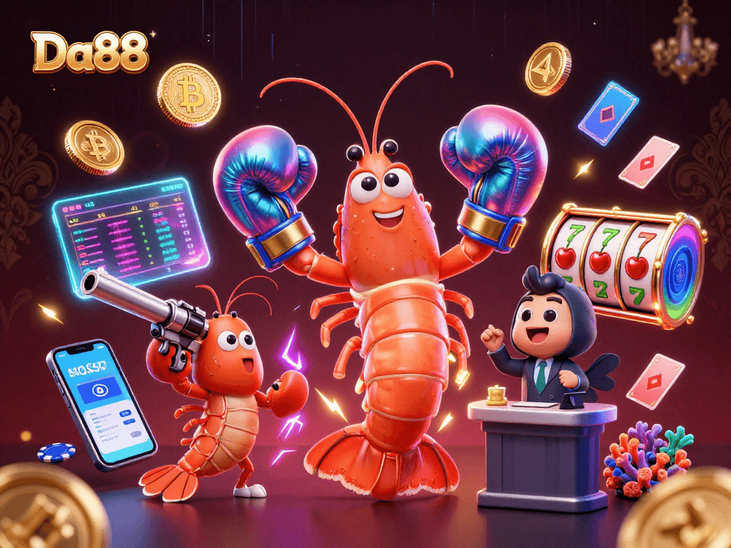 Engage with Da88 in a vibrant casino scene featuring dynamic gaming elements and colorful characters.