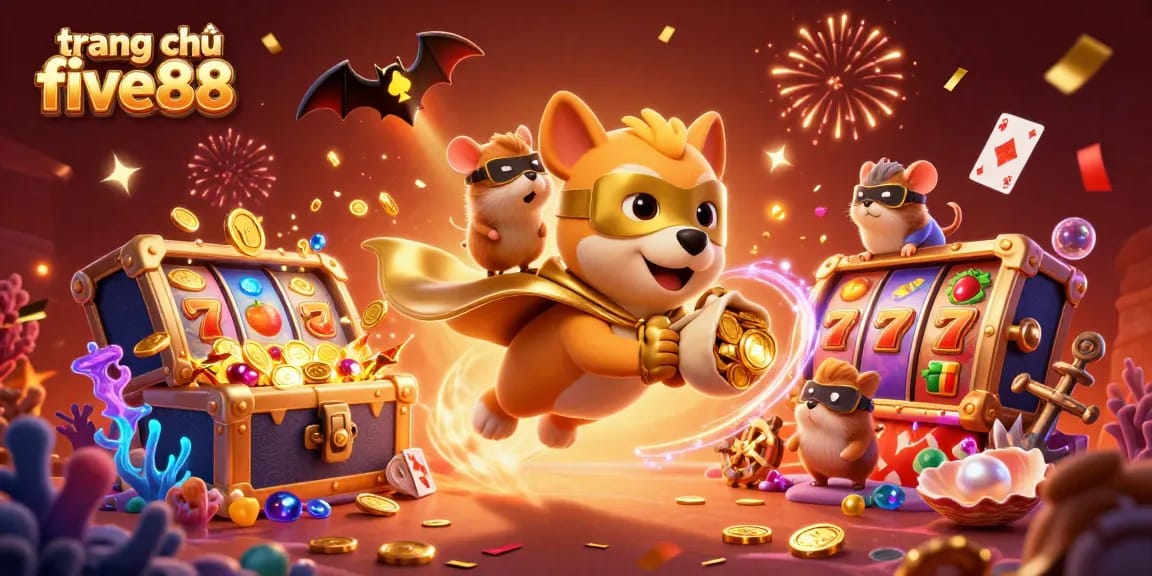 Experience thrilling action in gaming with trang chủ five88 featuring a flying superhero dog and vibrant slot elements.
