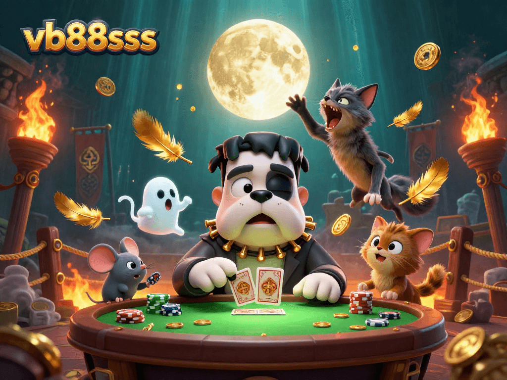 Experience thrilling gaming at vb88sss with a spooky casino scene featuring a bulldog dealer and ghostly elements.
