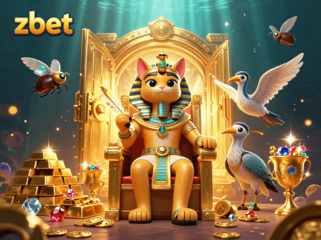 Experience the excitement of zbet with a dynamic casino scene featuring a pharaoh cat and treasures.