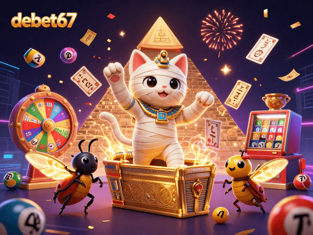 Experience the excitement of debet67 with a vibrant 3D illustration showcasing a mummy cat and casino elements.