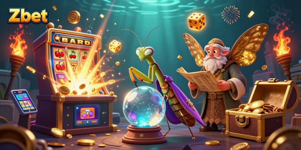 Zbet offers thrilling gambling experiences with a vibrant slot machine and engaging characters in a rich, magical environment.