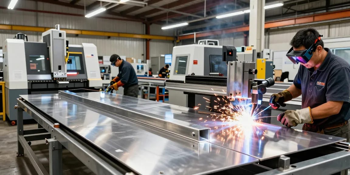 Craftsmen engaging in metal fabrication vancouver, showcasing custom structures and precise welding in a bright workshop.