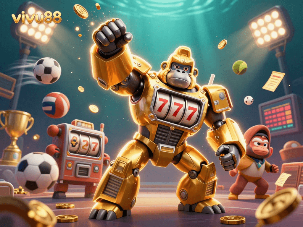 Experience thrilling gameplay at vivu88 with our golden gorilla mech and dynamic sports elements exploding with excitement.
