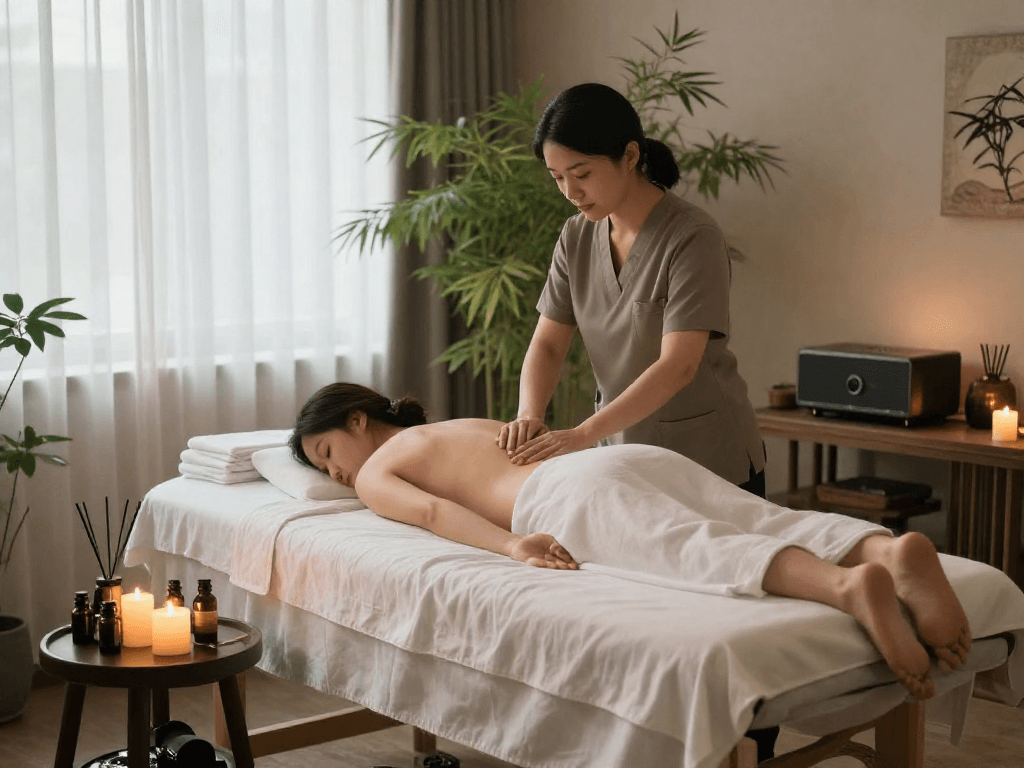 Serene wellness spa scene highlighting 성동구출장안마 with massage therapy elements and calming atmosphere.