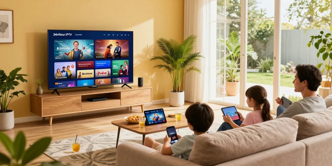Family enjoying Meilleur iptv Canada in a vibrant living room, showcasing diverse streaming options and family engagement.
