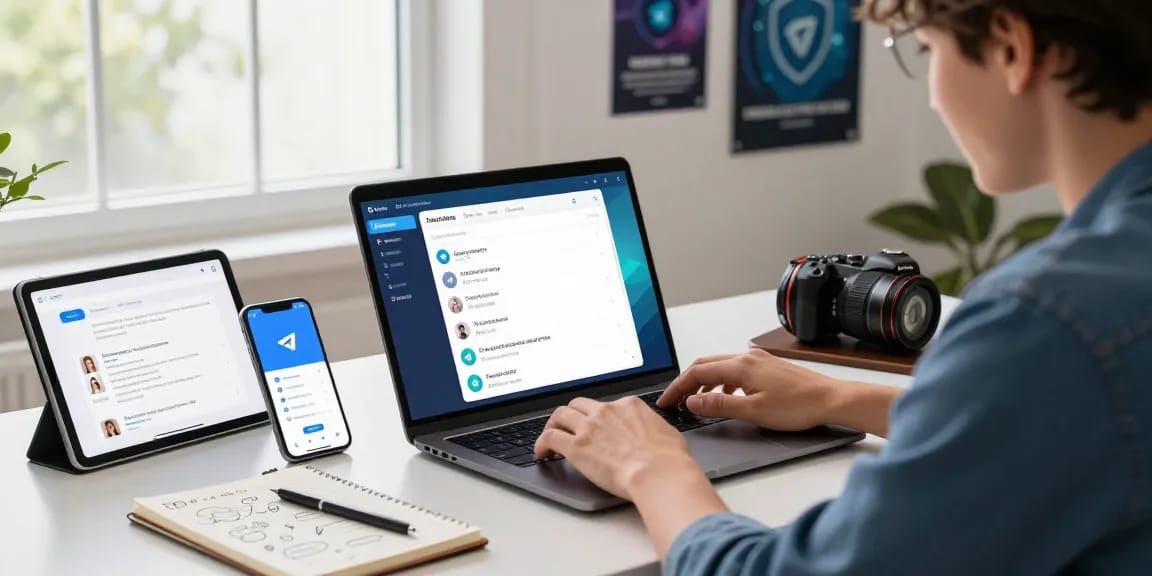 Engaging workspace scene showcasing Telegram download on a laptop, featuring user interface and notifications.
