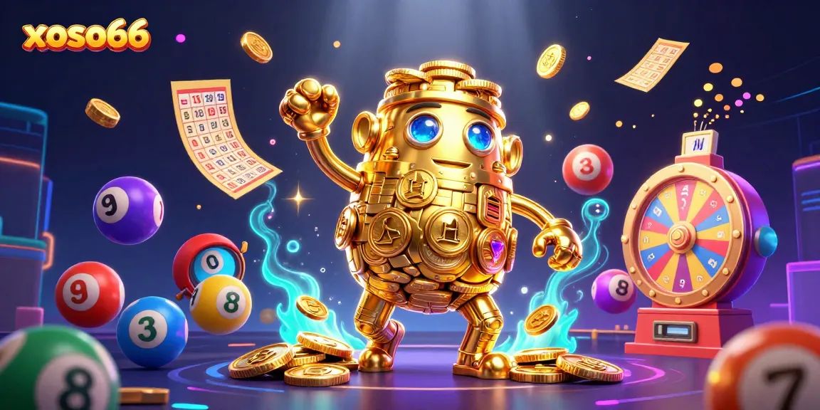 Win exciting prizes at xoso66 with the dynamic energy of colorful lottery balls and a golden golem.