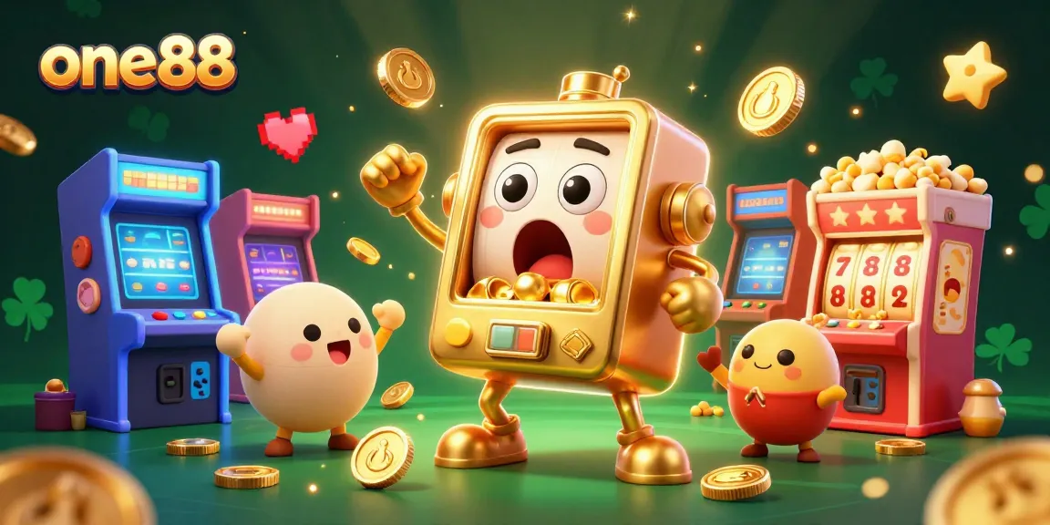Experience the excitement of one88 as a golden slot machine hits the jackpot, surrounded by cheering machines.