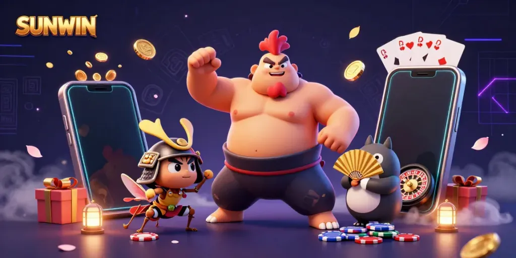 Experience exciting gaming action with SUNWIN featuring a sumo wrestler and samurai cricket in a vibrant 3D scene.