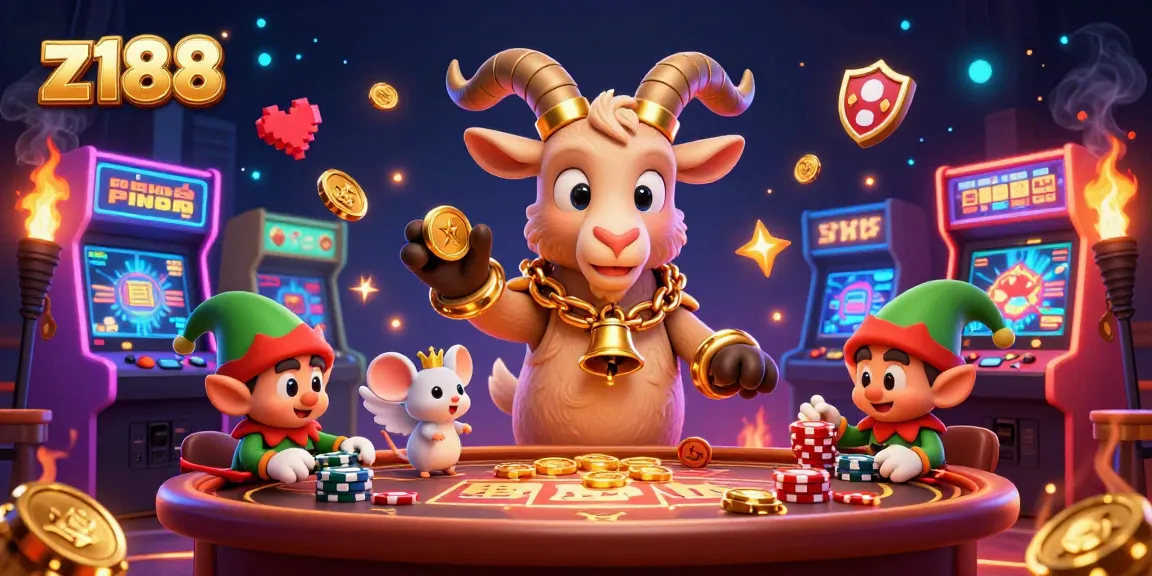 Z188 casino scene with Krampus managing a lively holiday gaming environment filled with colorful arcade machines.