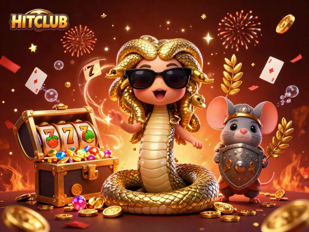 Engage with HITCLUB's thrilling slots experience featuring Medusa and a warrior in a vibrant casino scene.