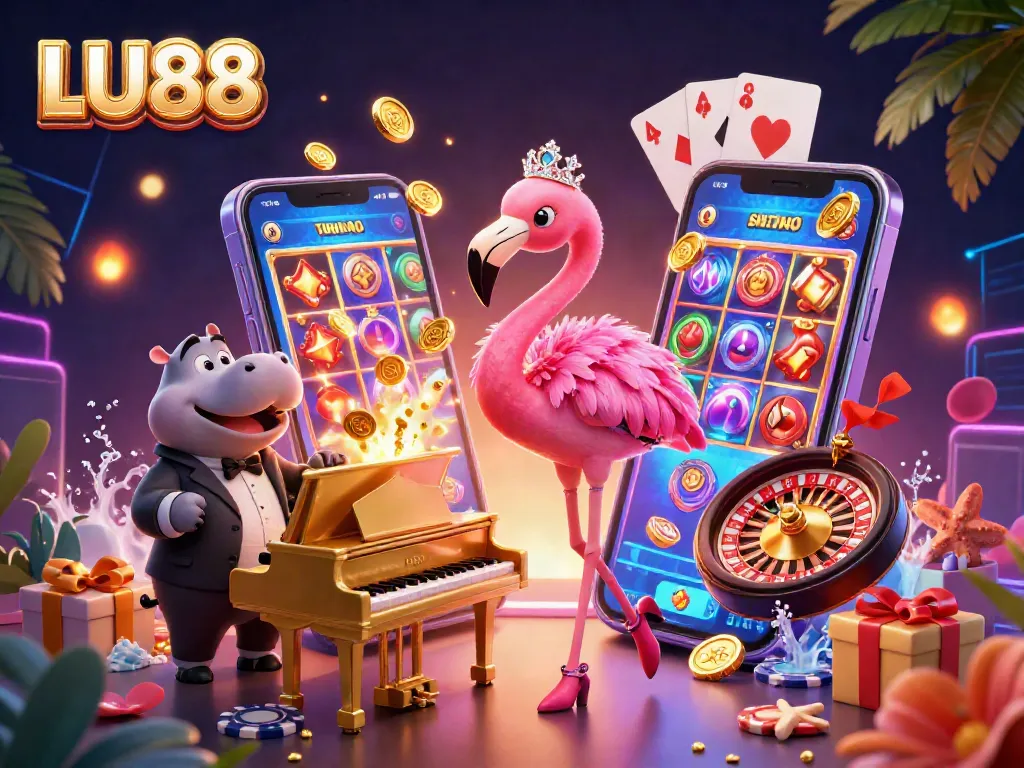 LU88 entertains with vibrant casino elements, featuring a flamingo singer and hippo bassist.