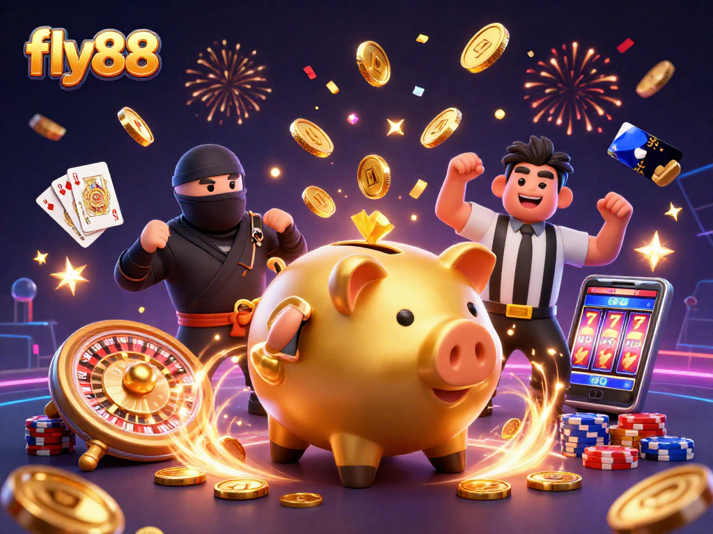 Experience the thrill of gaming at fly88 with a dynamic scene of cartoon characters celebrating big wins.