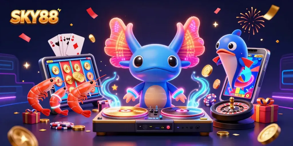 SKY88 players enjoy vibrant gaming action with colorful slot games and dynamic casino elements.
