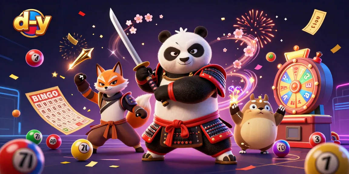 Experience thrilling action in d-y with a samurai panda, ninja fox, and magical tanuki in a lively casino scene.
