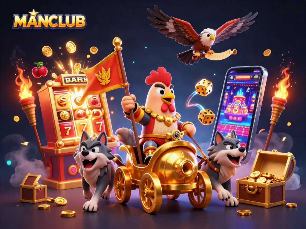 Engage with MANCLUB as a 3D rooster warlord leads a golden gaming adventure.