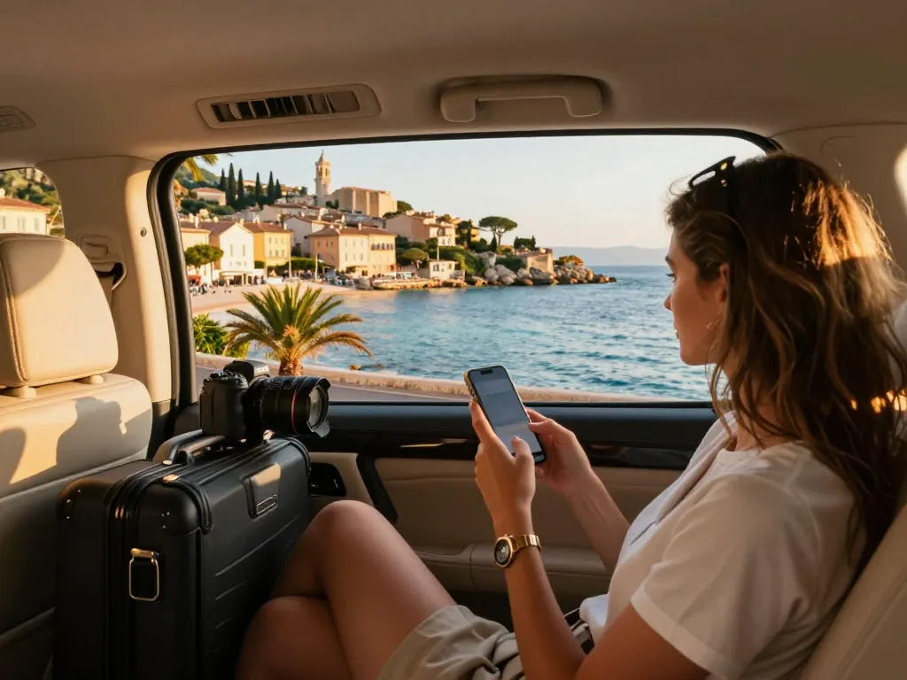 Taxi Saint Tropez avec un voyageur profitant de la vue côtière pittoresque de Saint-Tropez.