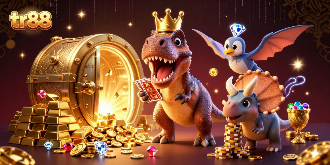 tr88 themed T-Rex playing cards next to golden chips and treasures in a rich casino environment