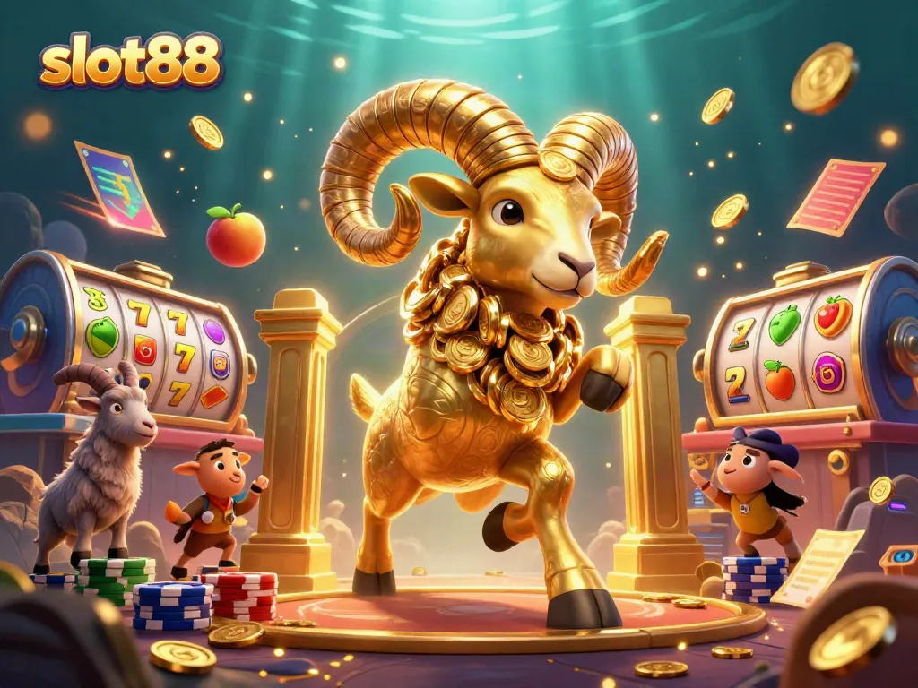 Experience the thrill of slot88 with dynamic slots and golden achievements in this casino-themed scene.