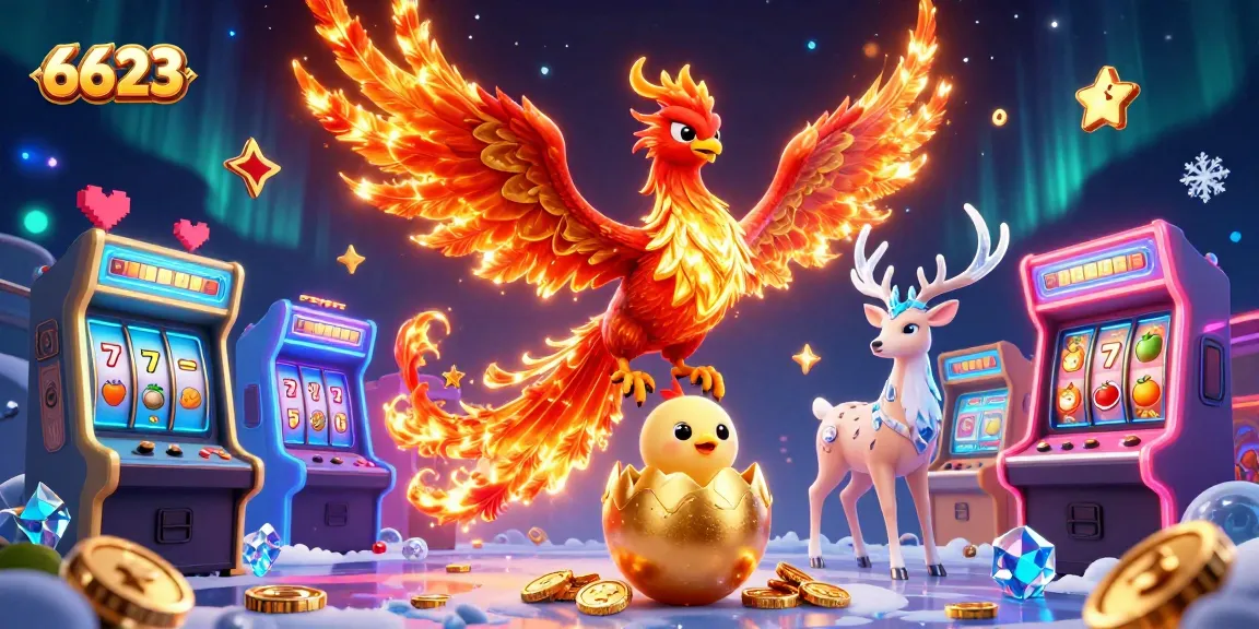 Watch animated slots at 6623 with a phoenix and vibrant gaming elements.
