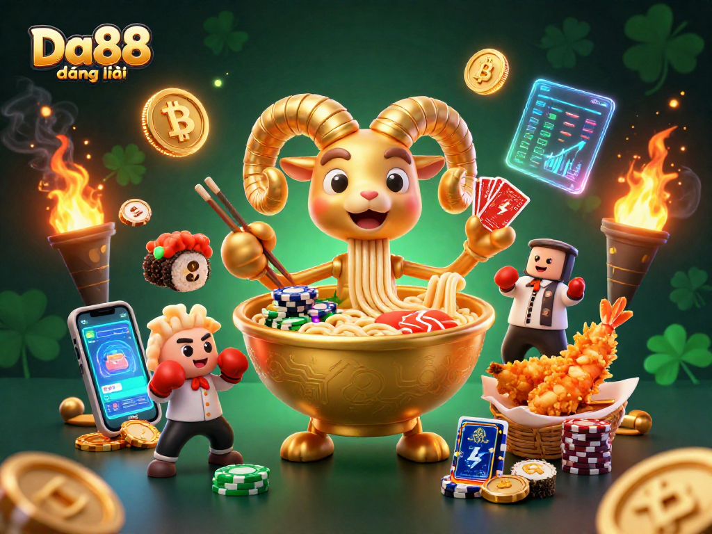 Engage in thrilling gaming with Da88 đăng nhập as a cartoon ramen character stacks chips and deals cards.