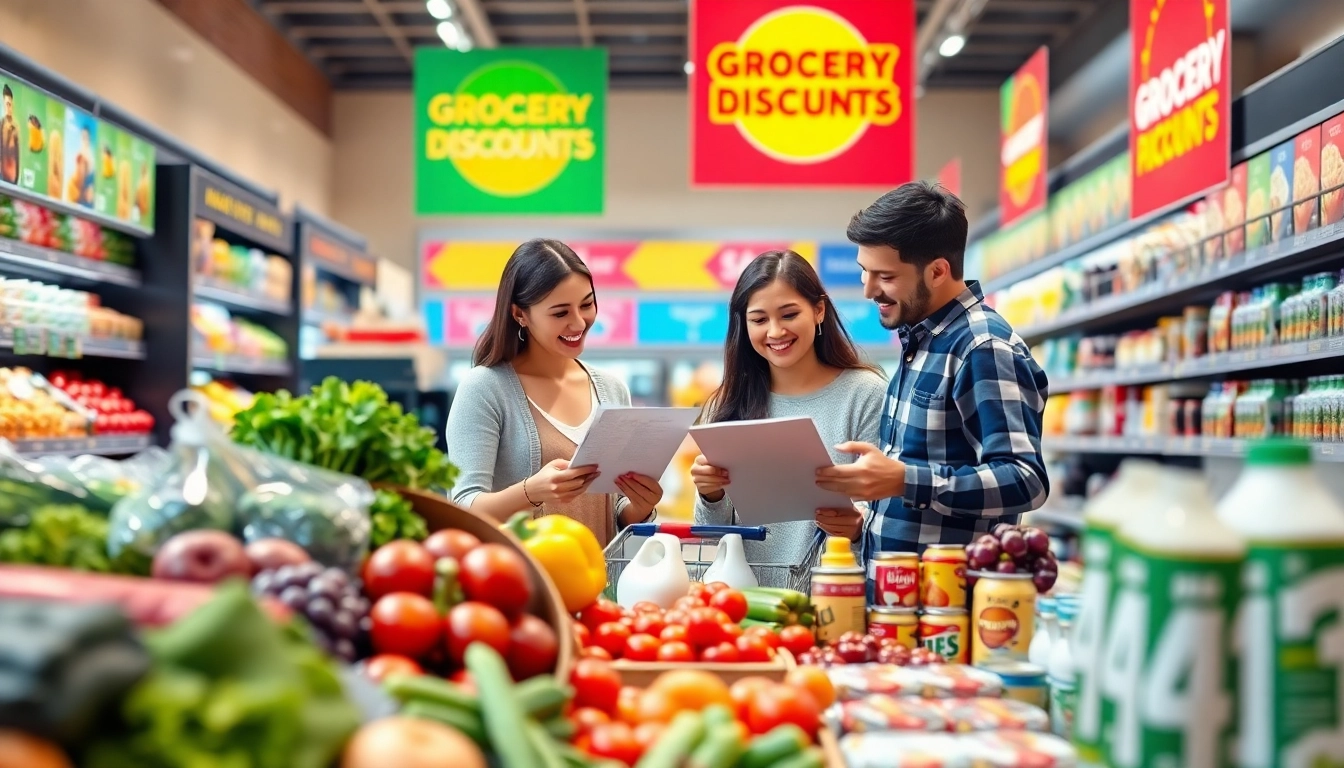 Shoppers enjoying Grocery Discounts on fresh produce and grocery items in a vibrant market.