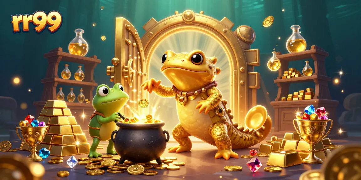 Experience thrilling gaming adventures at rr99 with a mystical casino illustration full of gold.