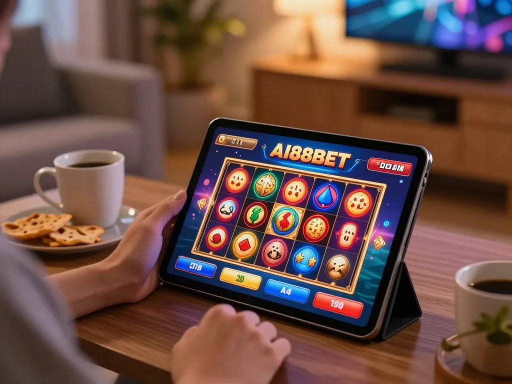 Play slots on AI88BET during a cozy home gaming session.