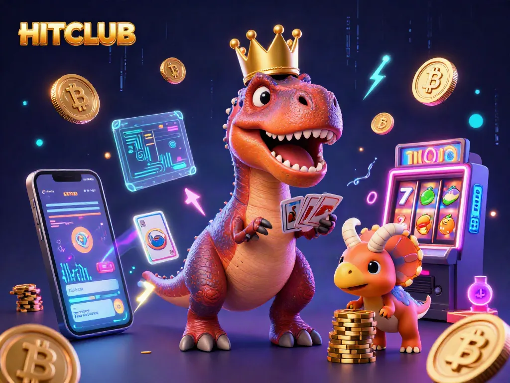 Engage in the HITCLUB experience as a friendly T-Rex plays cards with a pterodactyl and a triceratops amidst vibrant casino elements.