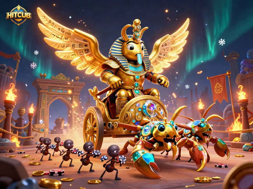 HITCLUB showcases a thrilling 3D gambling scene with a golden scarab and scorpions.