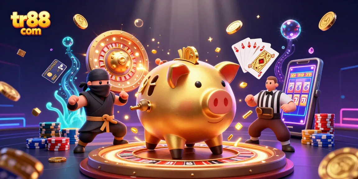 Experience exciting wins at tr88 com with a dynamic 3D casino scene depicting thrilling game elements.