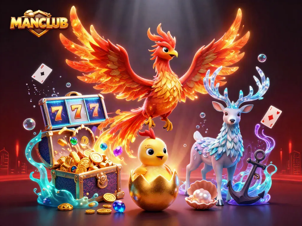 Engage with MANCLUB's vibrant casino world featuring golden phoenixes and dynamic gaming elements.