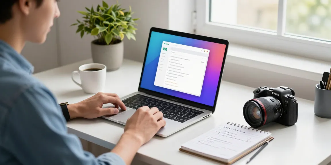 快连 app interface displayed on a laptop in a bright home office, showcasing modern tech workspace.
