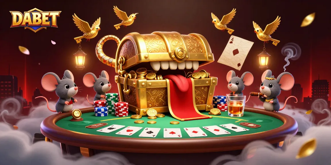 DABET captivates players with a dazzling casino scene featuring a treasure chest and poker elements.