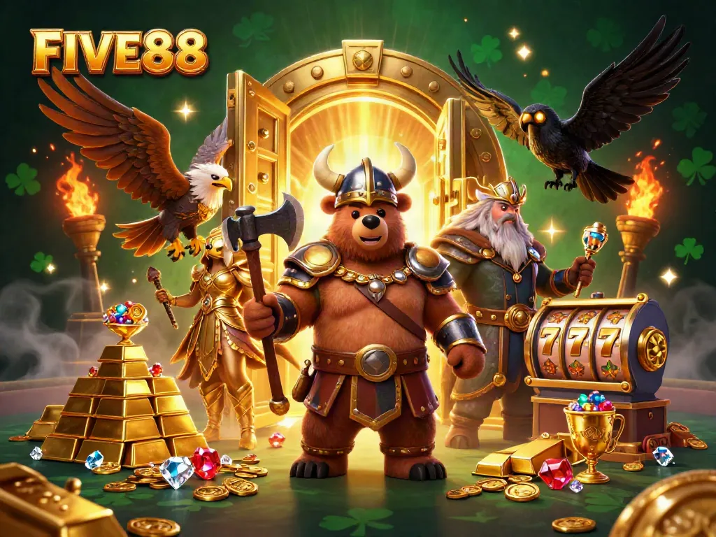 Engage in epic slots action with the FIVE88 Viking bear and Valkyrie eagle amid treasure.