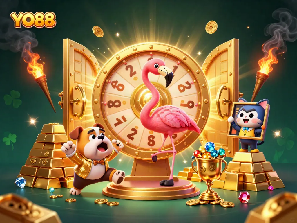 Enter the YO88 experience with vibrant energy, spinning prize wheels, and gleaming treasure in this exciting scene.