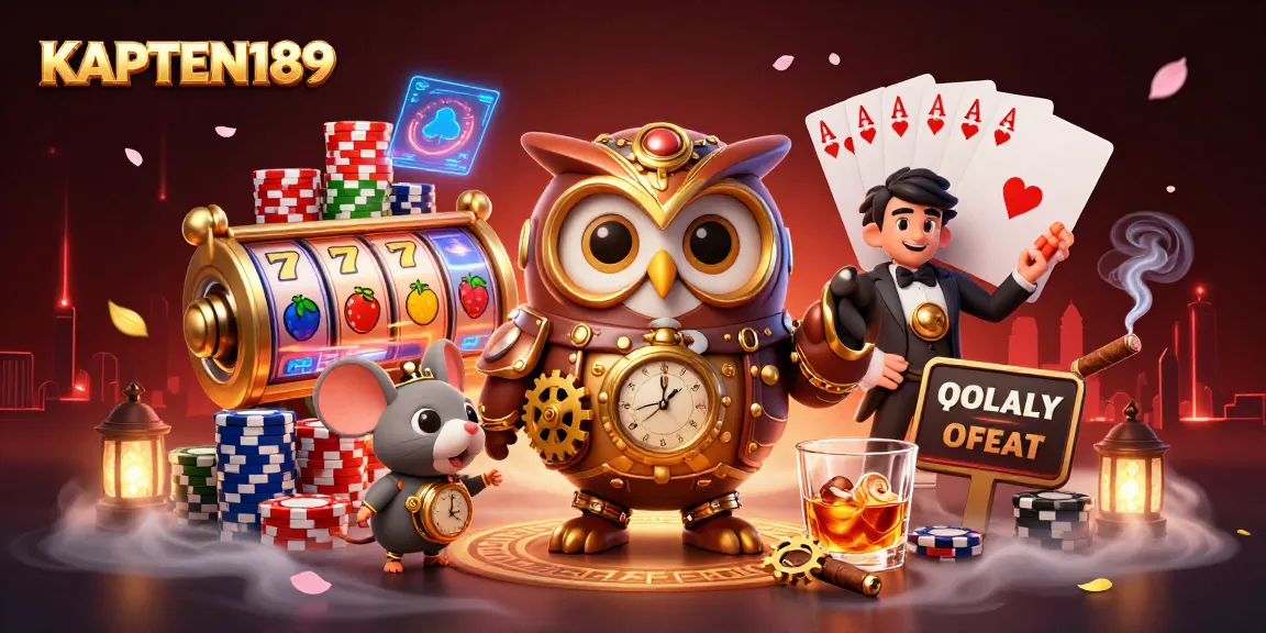 KAPTEN189 menyajikan ilustrasi kasino dengan karakter burung hantu penjelajah waktu dan simbol jackpot yang menang.