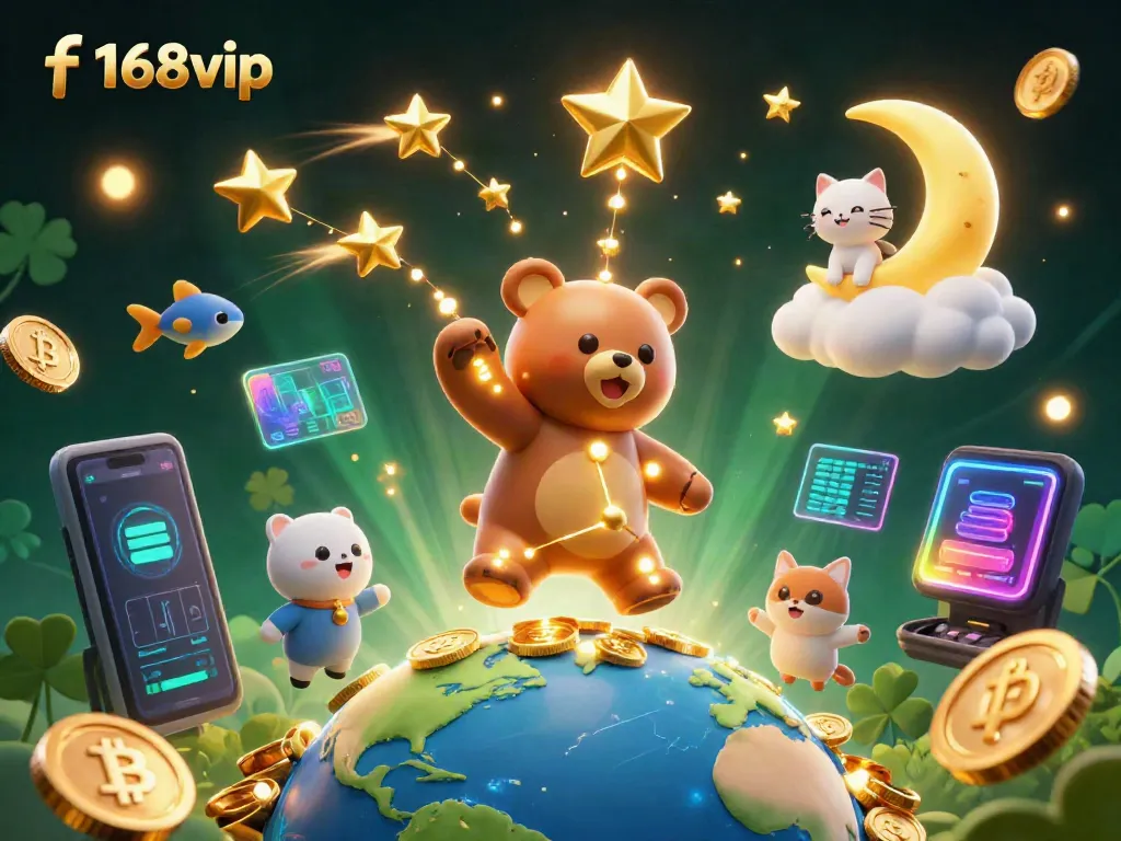 Engage with f168vip through a vibrant 3D digital illustration of casino entertainment, showcasing crypto elements.