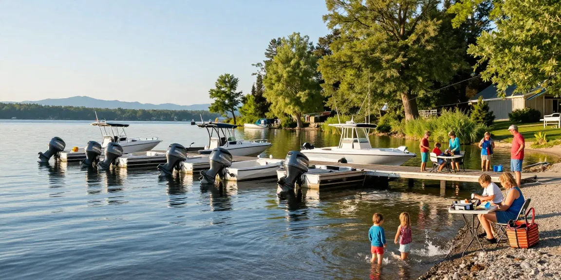 Family enjoying a sunny day at the marina with Yamaha outboard motors visible, showcasing community and recreation.
