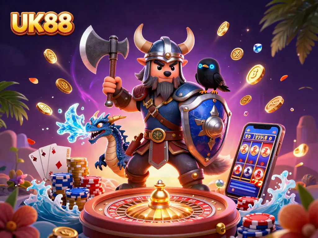 Engage in thrilling bets with UK88's captivating gaming world featuring dynamic characters and rich casino elements.