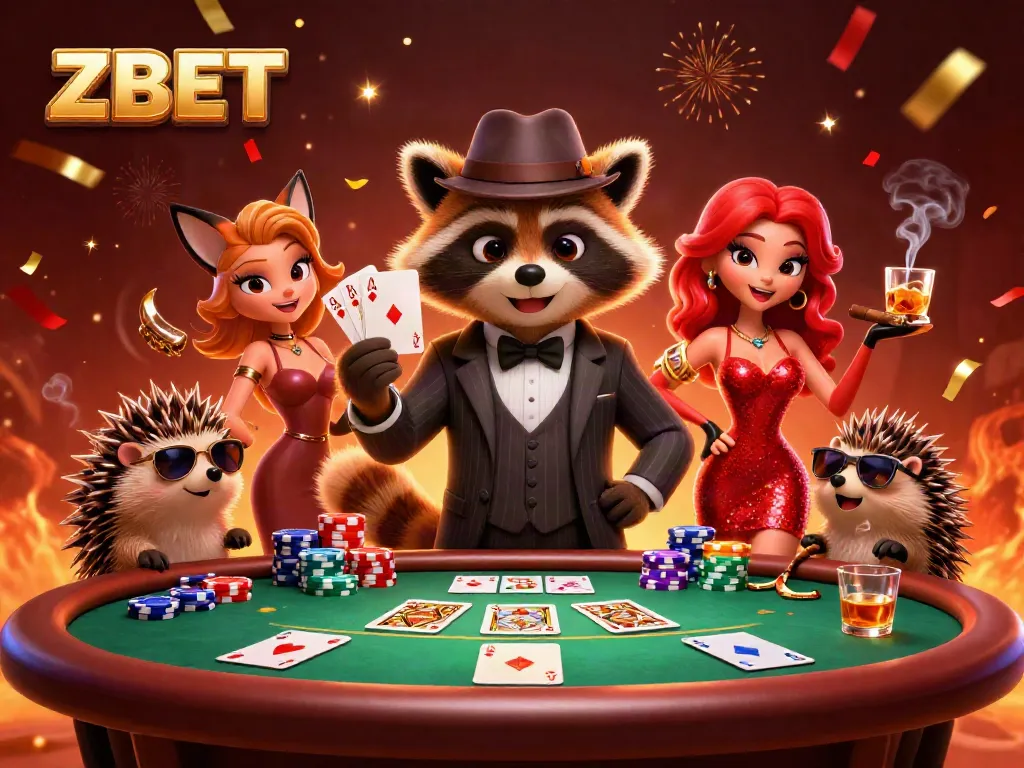 ZBET ignites excitement at the poker table with a stylish gambling scene featuring vibrant characters and festive elements.