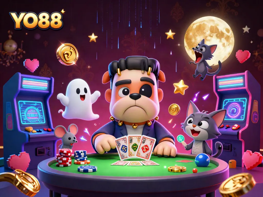 Experience the thrill of YO88 with engaging characters in a 3D casino scene, showcasing card games and fun.