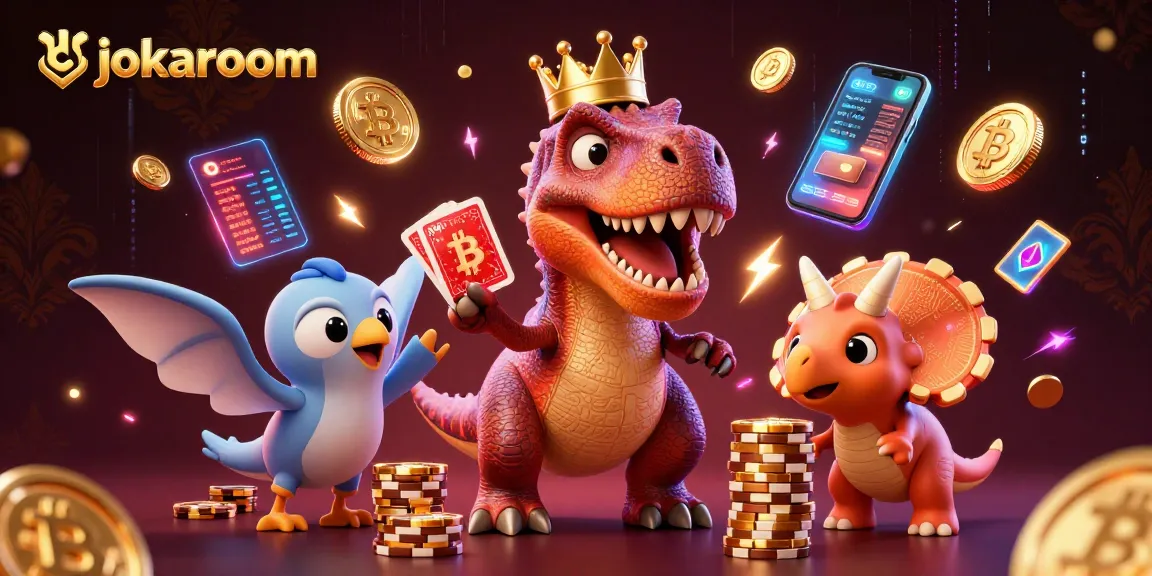 Experience exciting gaming moments at jokaroom with T-Rex playing cards alongside crypto and casino elements.